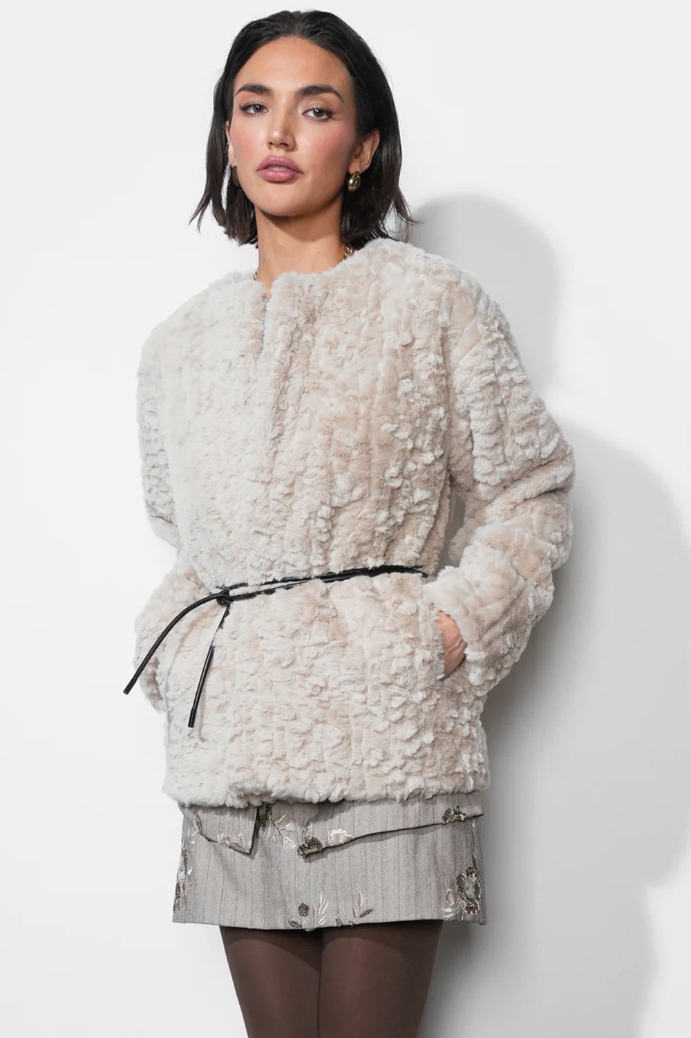 Yuri Collarless Faux Fur Jacket