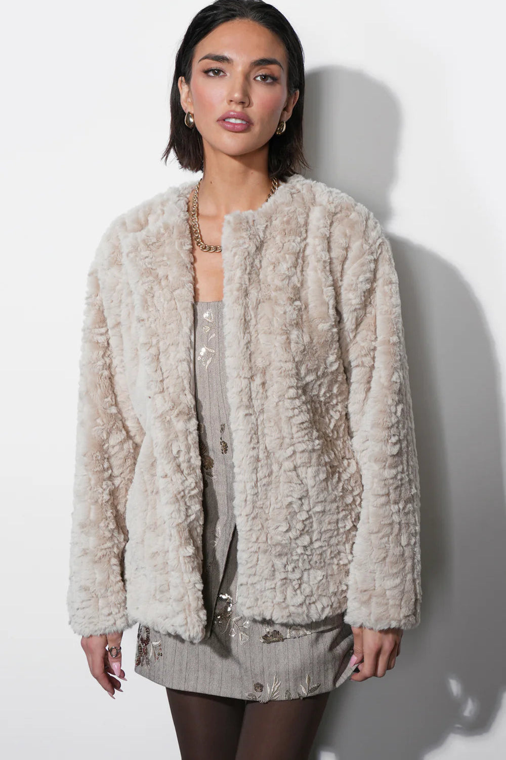 Yuri Collarless Faux Fur Jacket