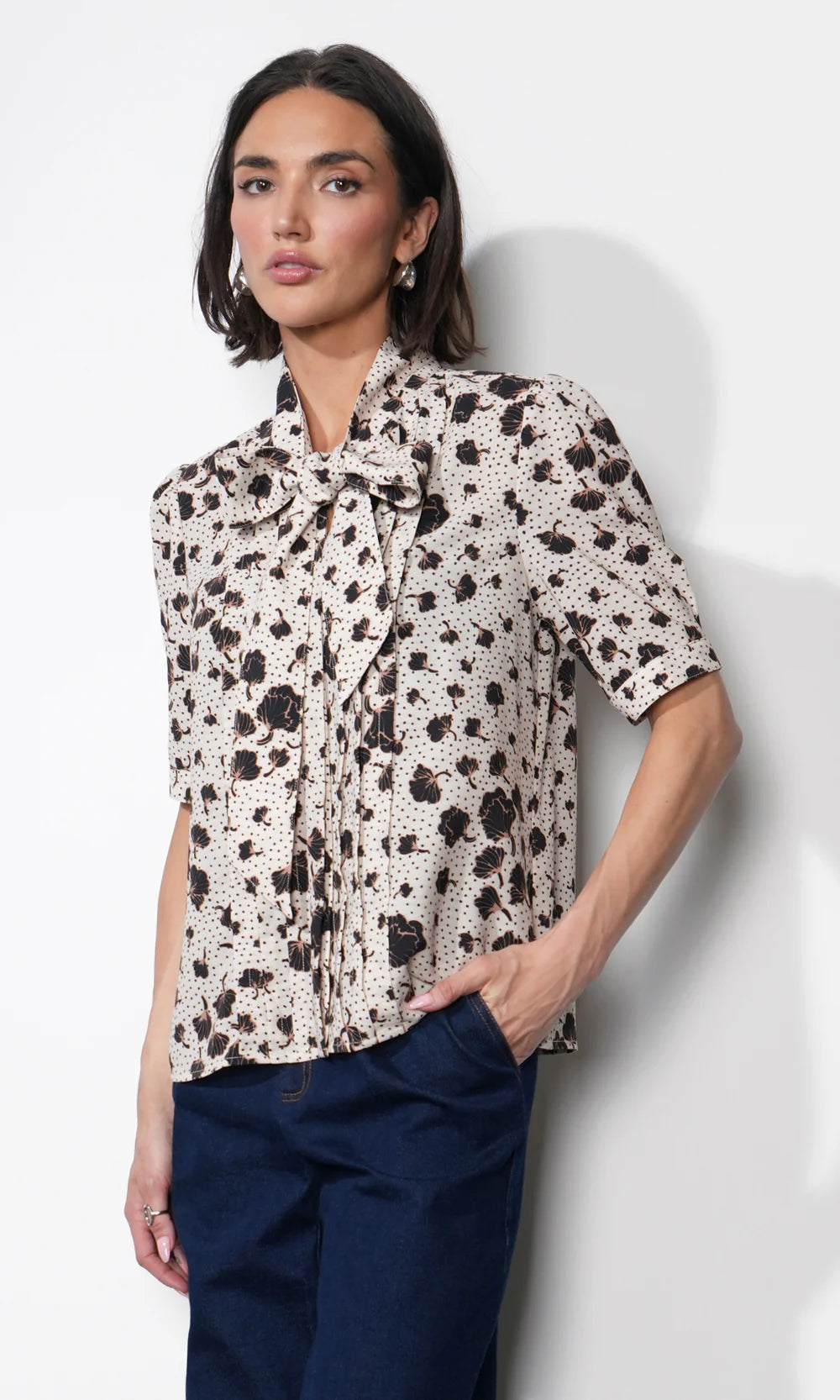 Delilah Scarf Neck Short Puff Sleeve Blouse