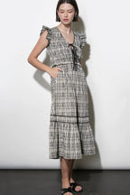 Lacey Smocked Tie Front Plaid Midi