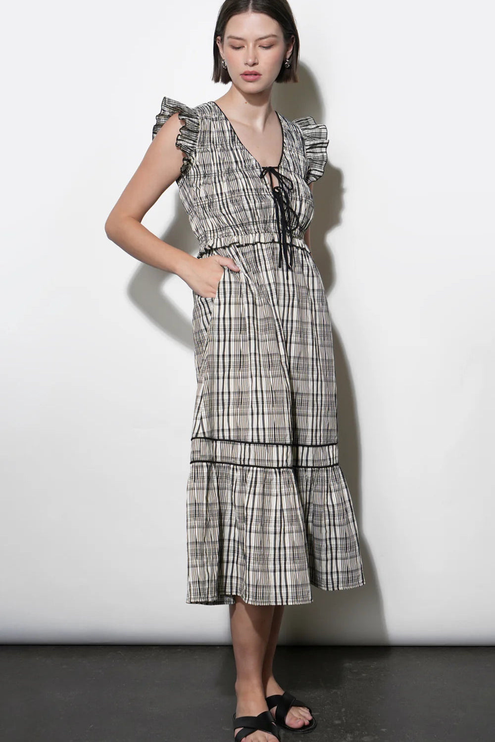 Lacey Smocked Tie Front Plaid Midi