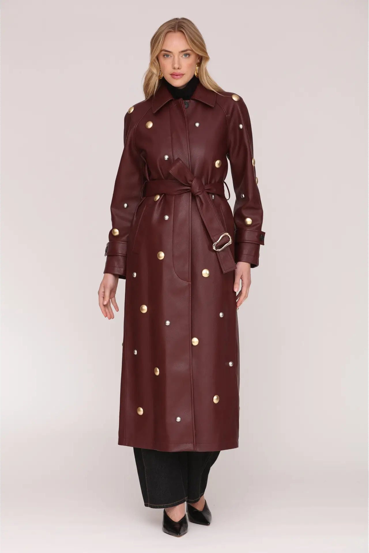 Studded Faux-Ever Leather Trench Coat