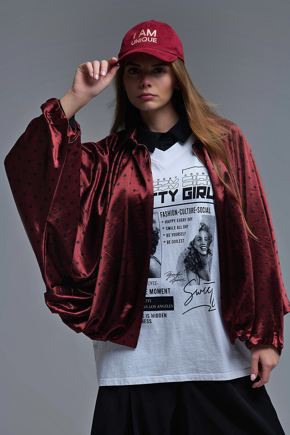 The Burgundy Polka Dot Satin Bomber